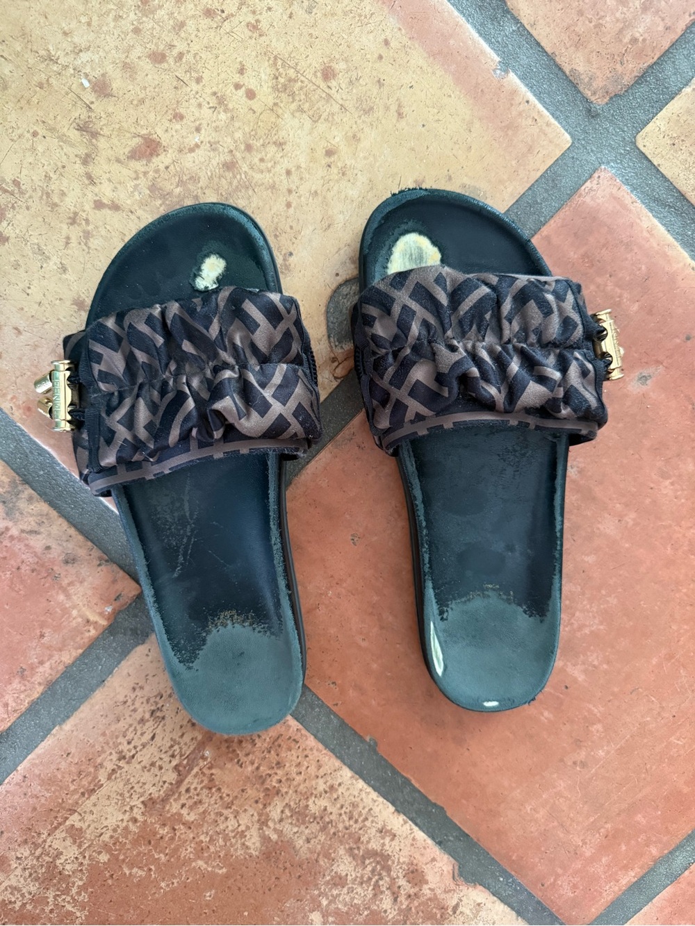 Fendi Brown Patterned Ruffled Slide Sandals with Gold Accent